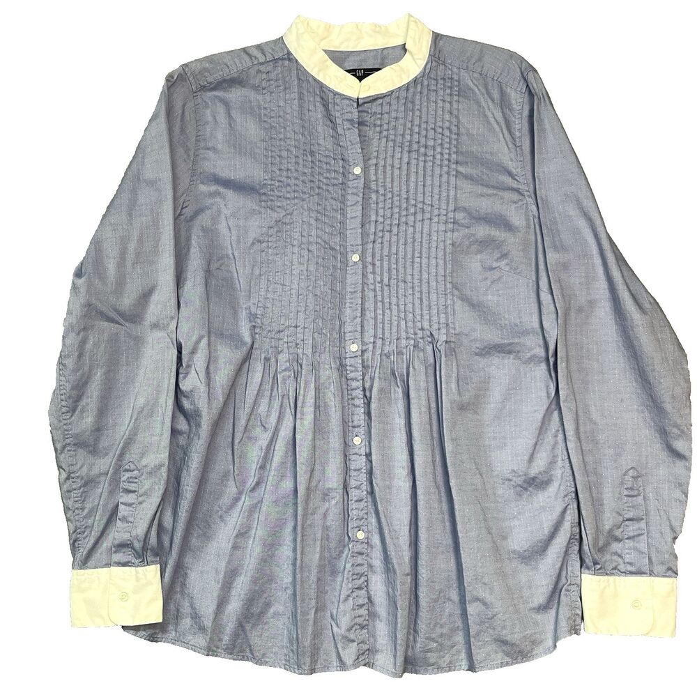 Women's Gap Pintuck‎ Popover Button Down Long Sleeve Shirt Size Large 14 Blue